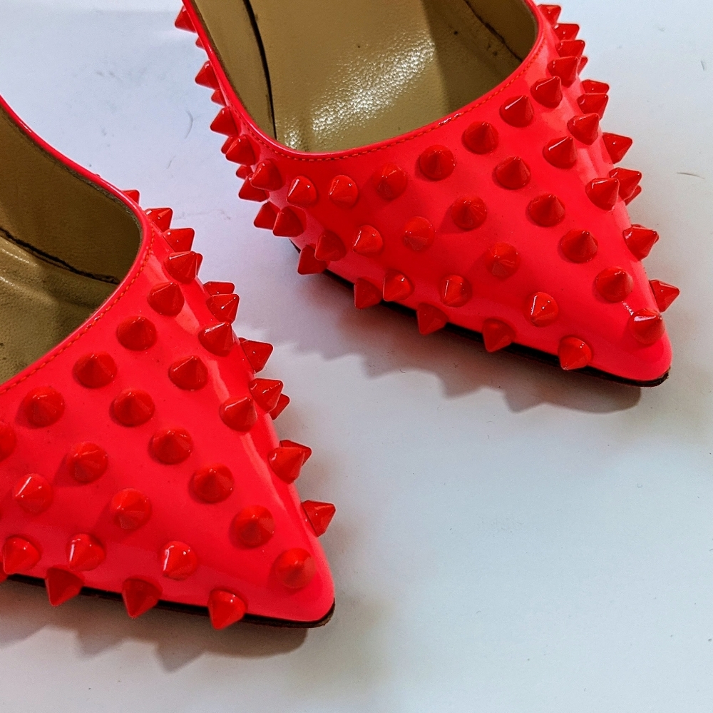 Christian Louboutin Orange Pigalle Spikes, Size 7